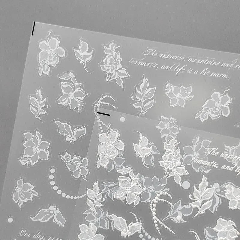 White Flowers Nail Art Stickers Blossom Floral Leaf Embossed Adhesive Sticker Decals 