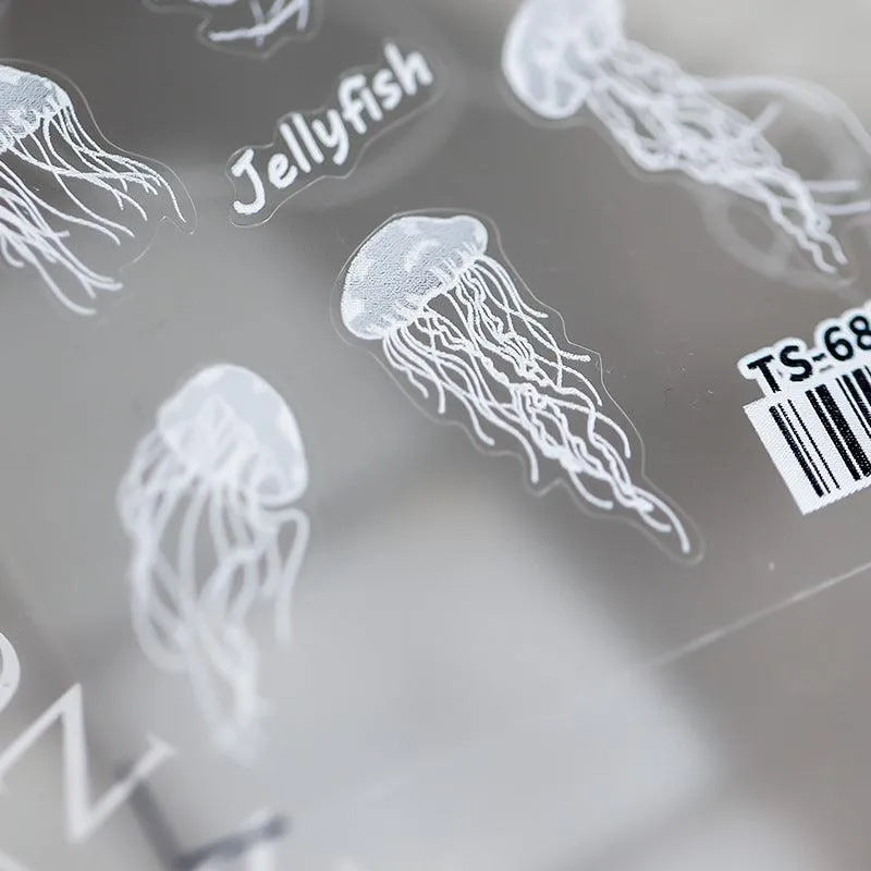White Jellyfish Nail Art Stickers Adhesive Embossed Jellyfish Sticker Decals TS685