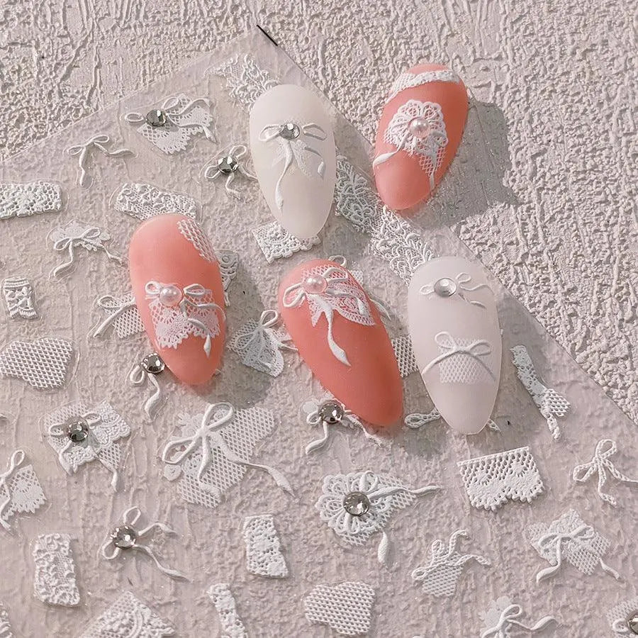 White Lace Bow Nail Art Stickers 3D Adhesive Bow Knot Mesh Sticker Decals TL118