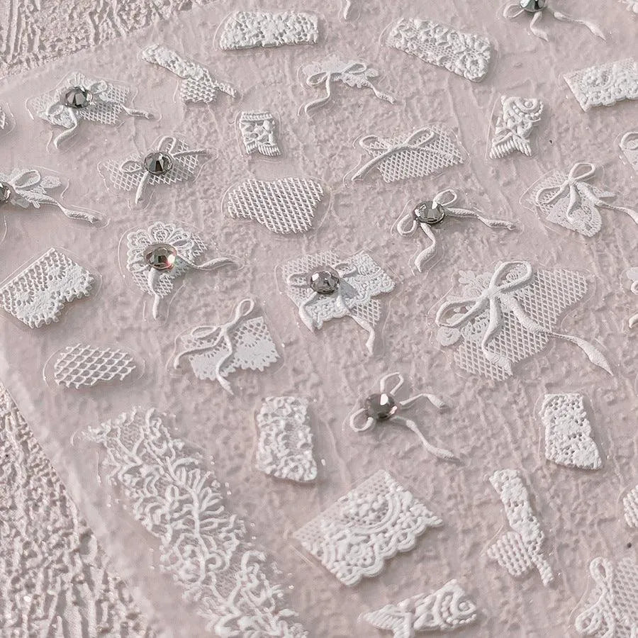 White Lace Bow Nail Art Stickers 3D Adhesive Bow Knot Mesh Sticker Decals TL118