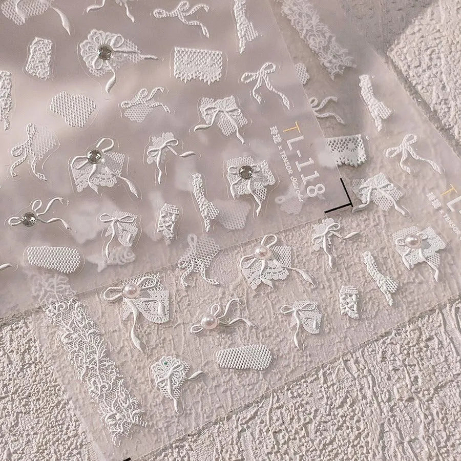 White Lace Bow Nail Art Stickers 3D Adhesive Bow Knot Mesh Sticker Decals TL118