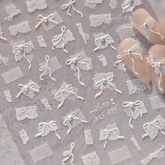 White Lace Bow Nail Art Stickers Adhesive Embossed Sticker Decals 