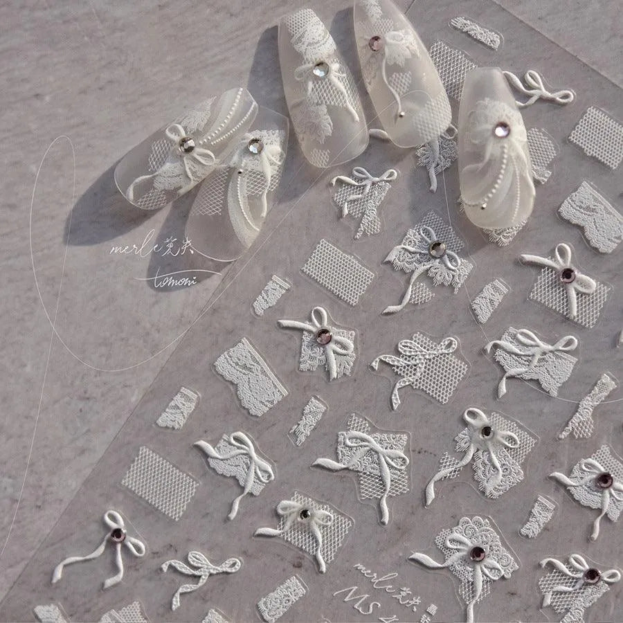 White Lace Bow Nail Art Stickers Adhesive Embossed Sticker Decals 