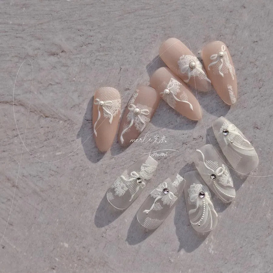 White Lace Bow Nail Art Stickers Adhesive Embossed Sticker Decals 