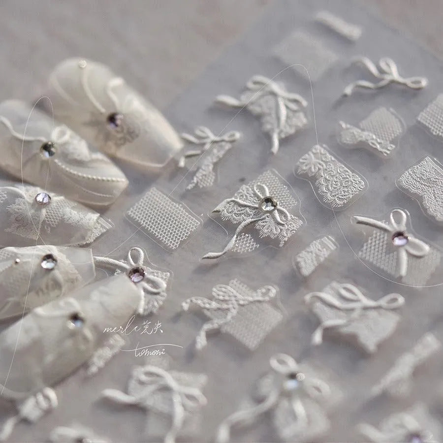 White Lace Bow Nail Art Stickers Adhesive Embossed Sticker Decals 