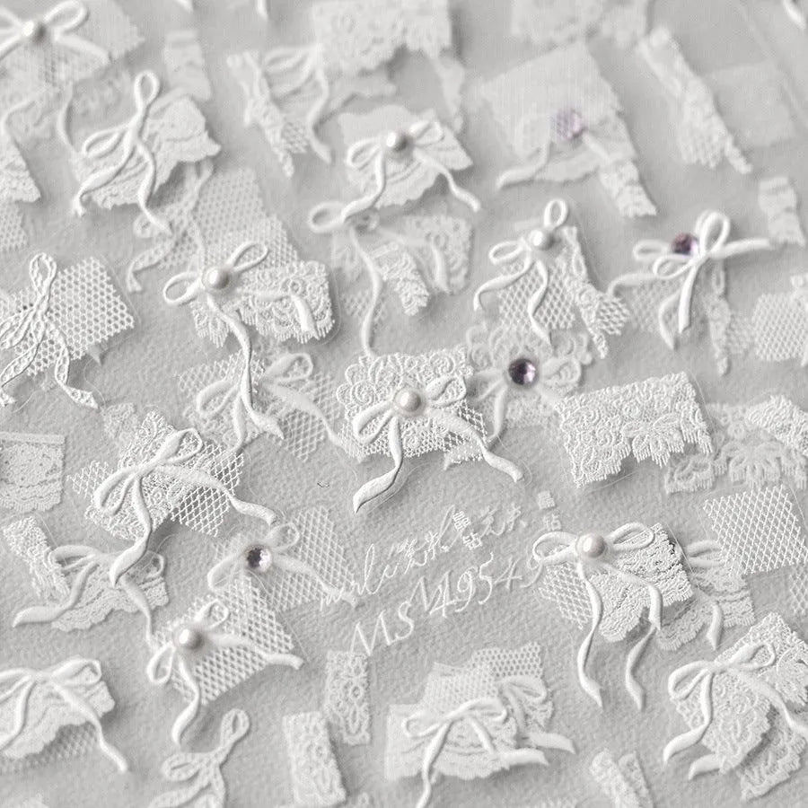 White Lace Bow Nail Art Stickers Adhesive Embossed Sticker Decals 