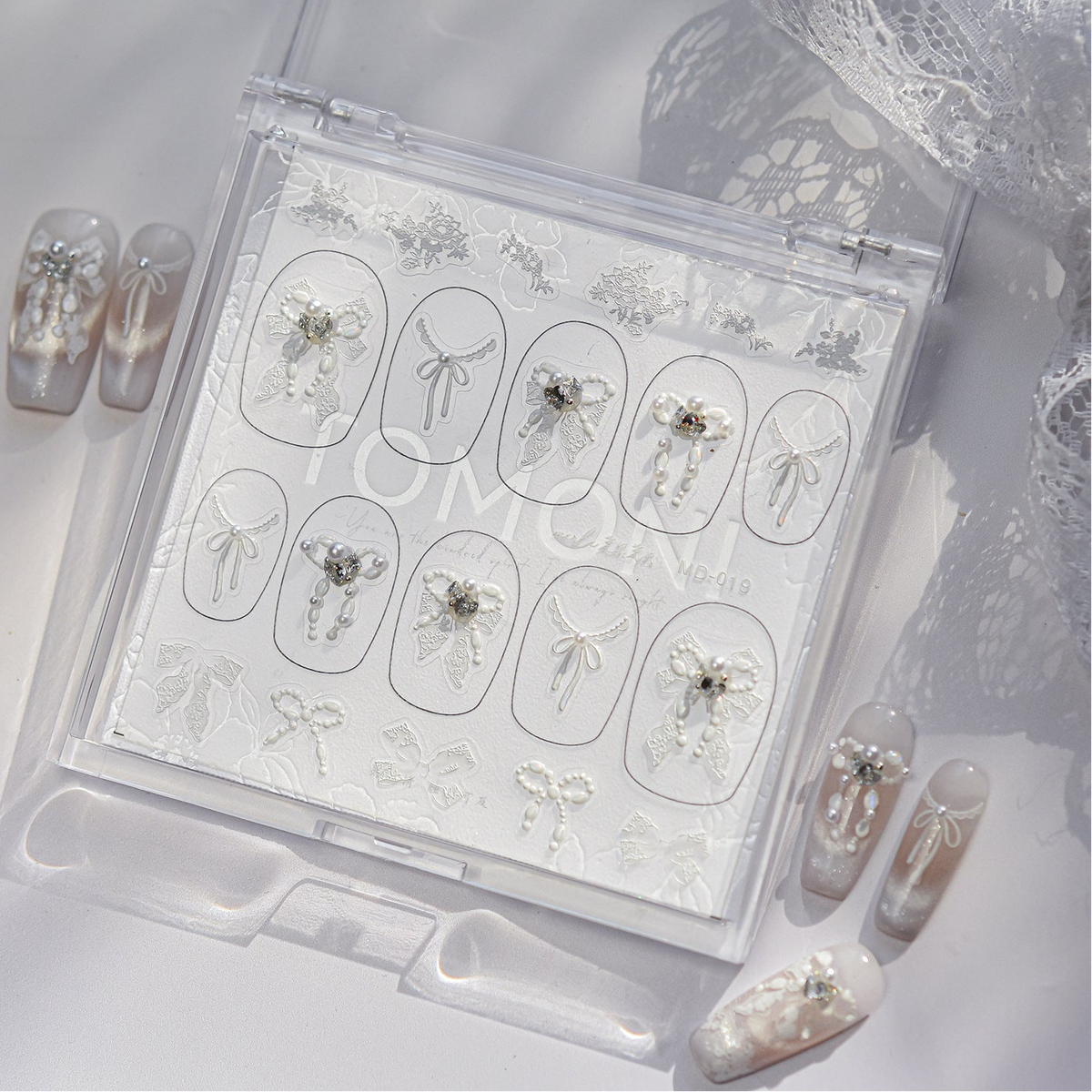 White Lace Bow Rhinestone Nail Stickers – Pre-Arranged Self-Adhesive Nail Gems MD019