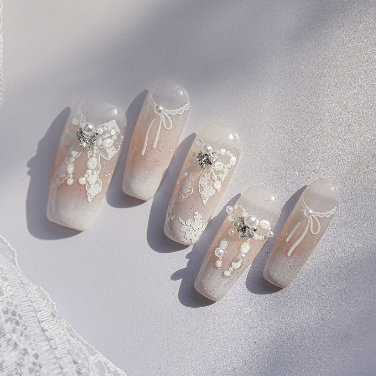 White Lace Bow Rhinestone Nail Stickers – Pre-Arranged Self-Adhesive Nail Gems MD019