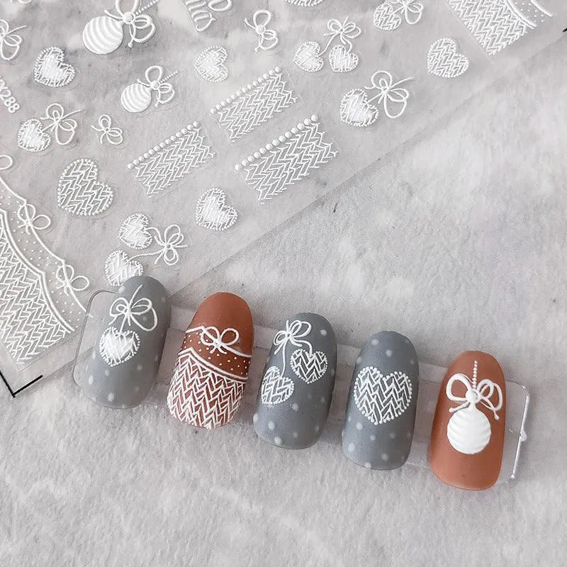 White Lace Heart Nail Art Stickers Adhesive Fantasy Lace Embossed Sticker Decals KX288