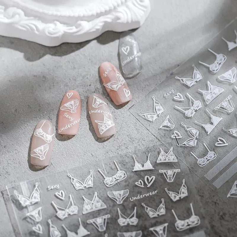White Lace Nail Art Stickers Adhesive Slider White Bikini Sticker Decals 