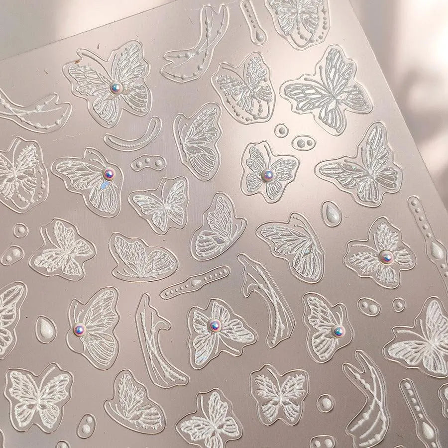 White Lace Nail Art Stickers Embossed Butterfly Nail Sticker Decals TL175