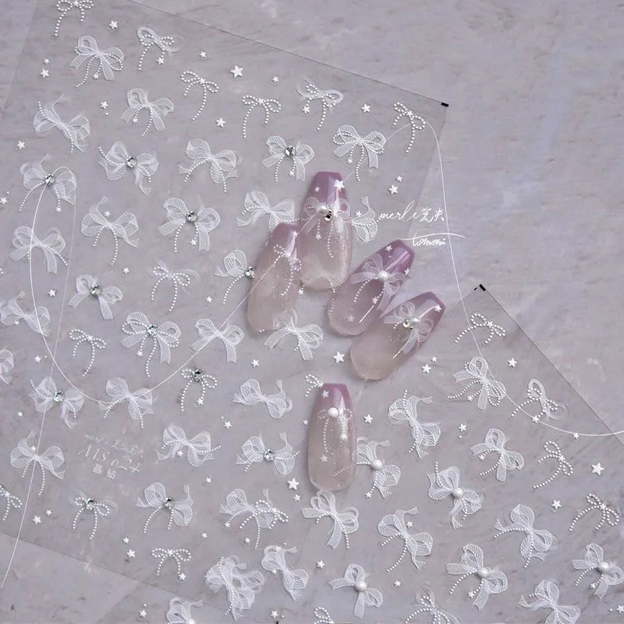 White Lace Nail Art Stickers Lace Bow Pearl Adhesive Embossed Sticker Decals 