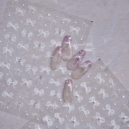 White Lace Nail Art Stickers Lace Bow Pearl Adhesive Embossed Sticker Decals 