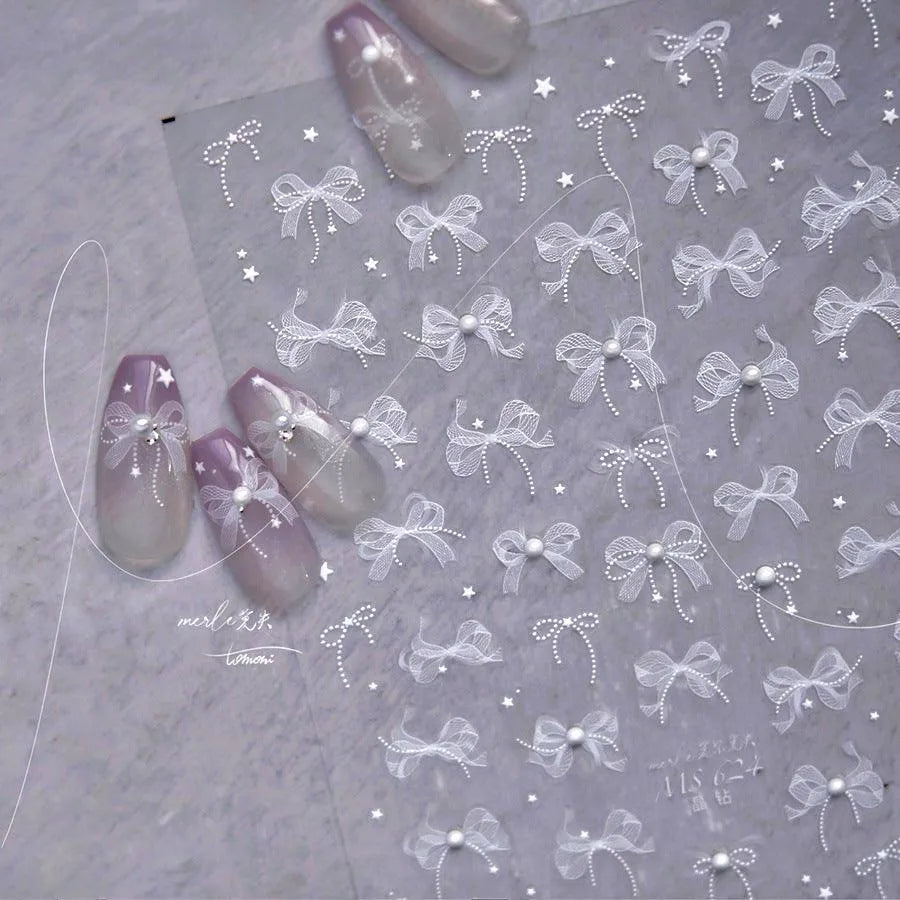 White Lace Nail Art Stickers Lace Bow Pearl Adhesive Embossed Sticker Decals 