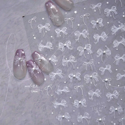 White Lace Nail Art Stickers Lace Bow Pearl Adhesive Embossed Sticker Decals 