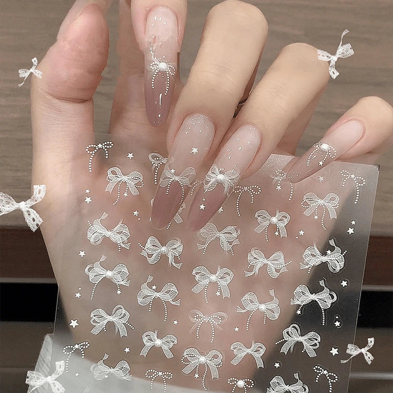 White Lace Nail Art Stickers Lace Bow Pearl Adhesive Embossed Sticker Decals 