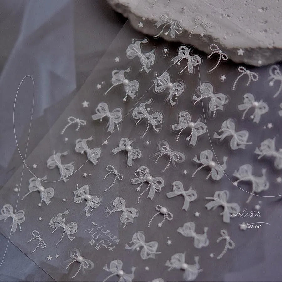 White Lace Nail Art Stickers Lace Bow Pearl Adhesive Embossed Sticker Decals 