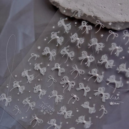 White Lace Nail Art Stickers Lace Bow Pearl Adhesive Embossed Sticker Decals 