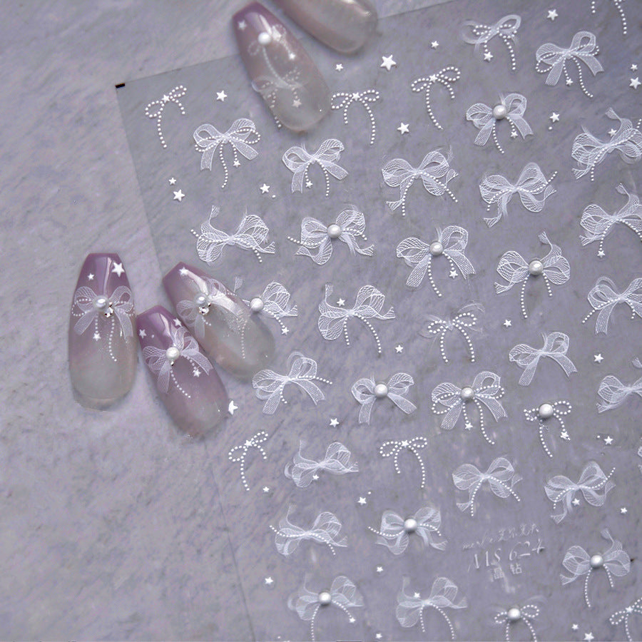 White Lace Nail Art Stickers Lace Bow Pearl Wedding Sticker Decals