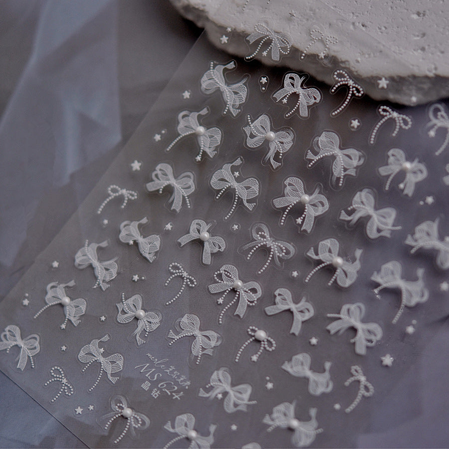White Lace Nail Art Stickers Lace Bow Pearl Wedding Sticker Decals