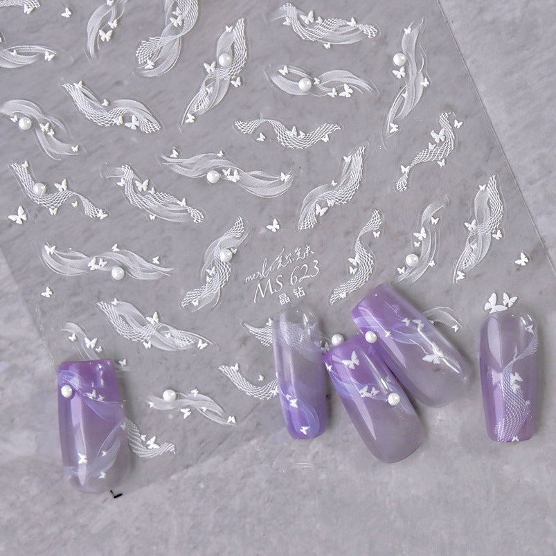 White Lace Nail Art Stickers Lace Bow Pearl Wedding Sticker Decals