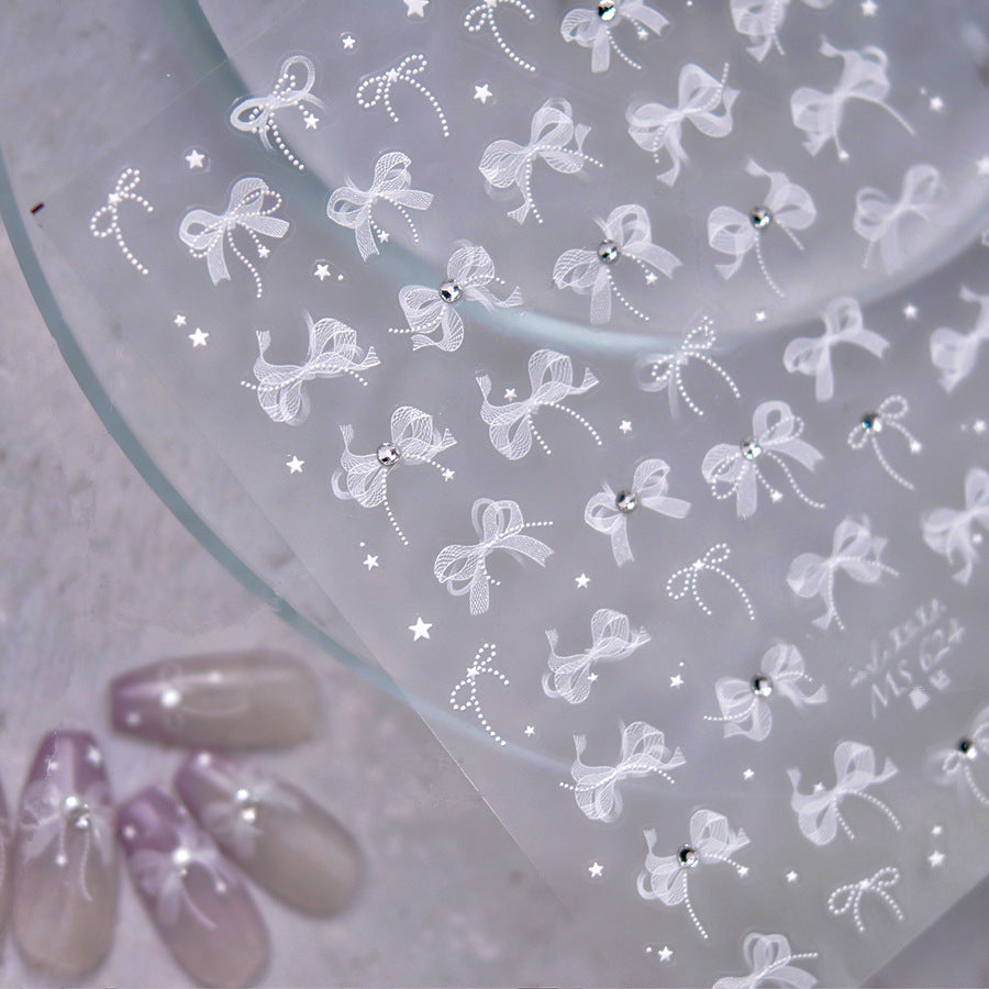 White Lace Nail Art Stickers Lace Bow Pearl Wedding Sticker Decals