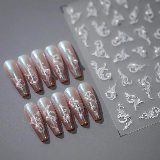 White Leaf Vines Nail Art Stickers With Pearls Vintage Floral Adhesive Sticker Decals TL015