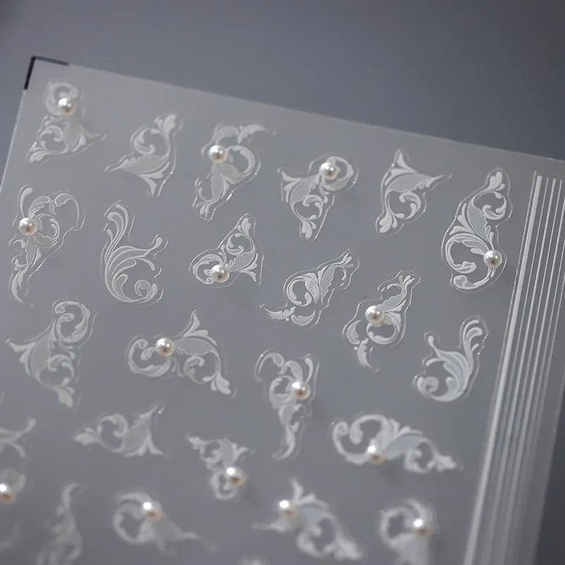 White Leaf Vines Nail Art Stickers With Pearls Vintage Floral Adhesive Sticker Decals TL015
