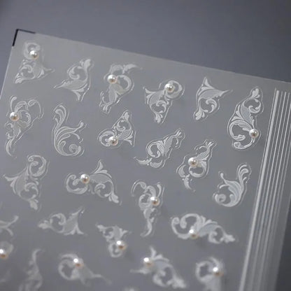 White Leaf Vines Nail Art Stickers With Pearls Vintage Floral Adhesive Sticker Decals TL015