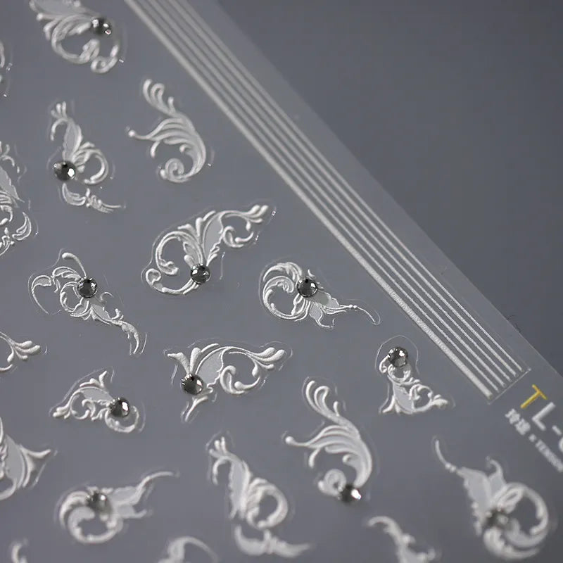 White Leaf Vines Nail Art Stickers With Pearls Vintage Floral Adhesive Sticker Decals TL015