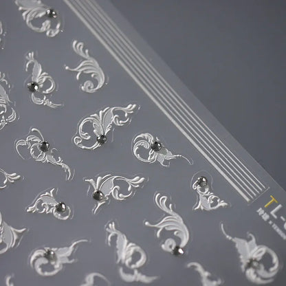 White Leaf Vines Nail Art Stickers With Pearls Vintage Floral Adhesive Sticker Decals TL015