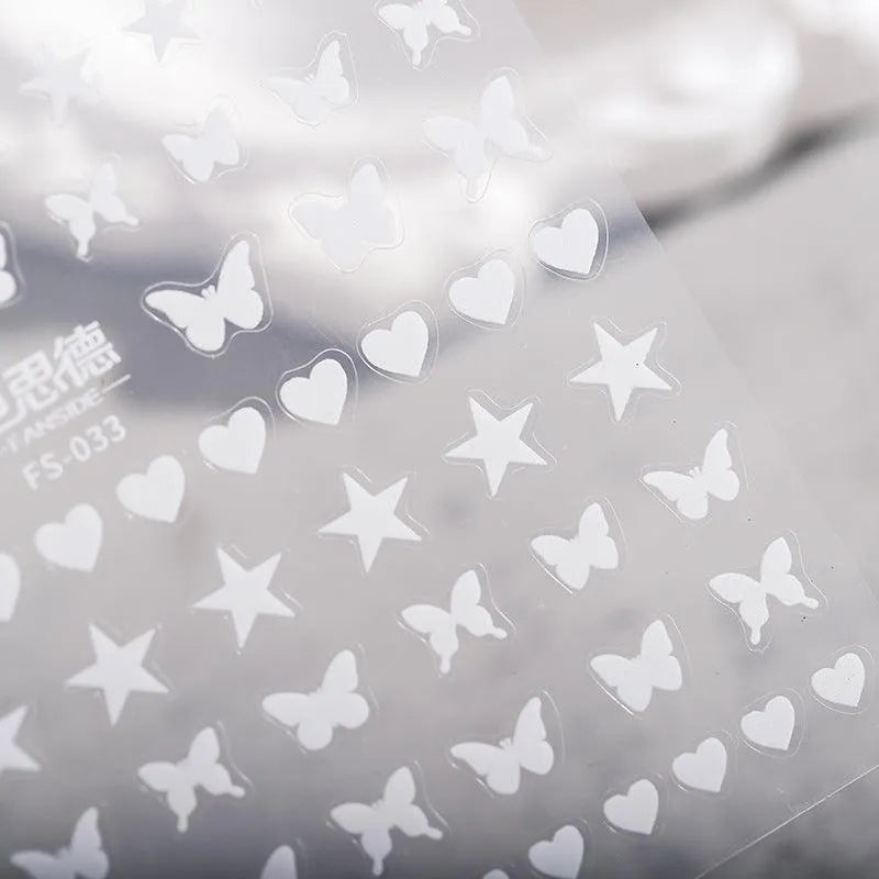 White Nail Art Stickers Adhesive Slider Stars Butterfly Sticker Decals FS033