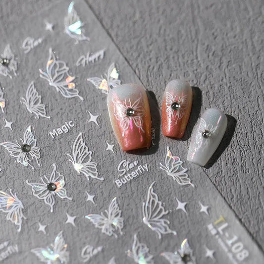 White Nail Art Stickers Shiny Butterfly With Beads Adhesive Sticker Decals TL108