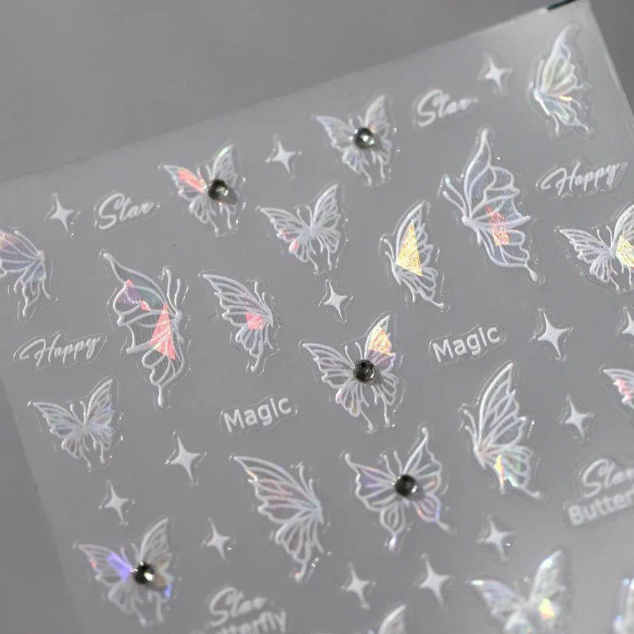 White Nail Art Stickers Shiny Butterfly With Beads Adhesive Sticker Decals TL108