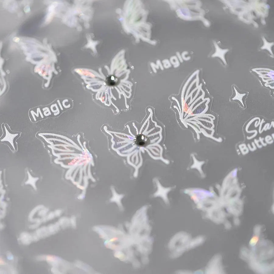 White Nail Art Stickers Shiny Butterfly With Beads Adhesive Sticker Decals TL108