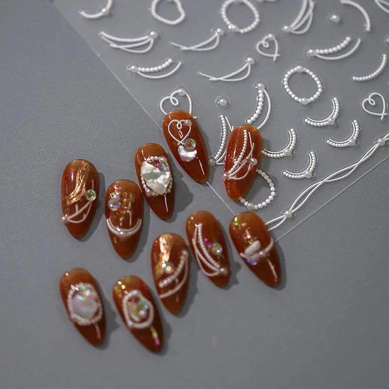 White Pearls Chain Nail Art Stickers Adhesive Embossed Pearl Line French Nail Sticker Decals TL013