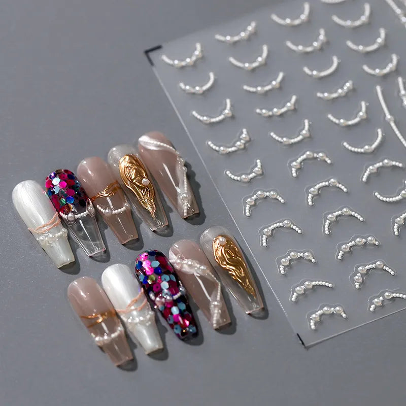 White Pearls Chain Nail Art Stickers Adhesive Embossed Pearl Line French Nail Sticker Decals TL013