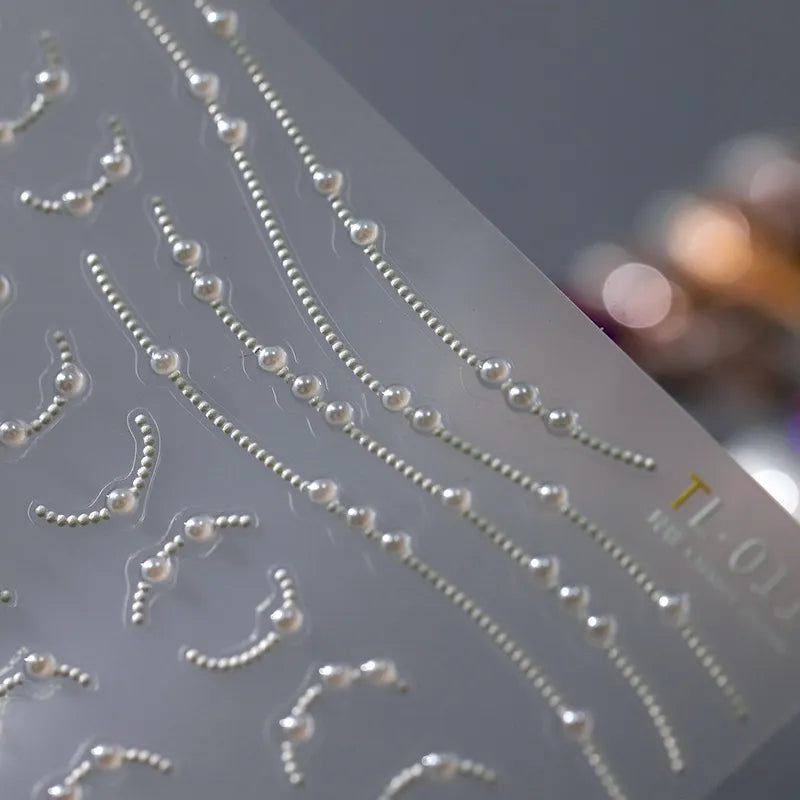 White Pearls Chain Nail Art Stickers Adhesive Embossed Pearl Line French Nail Sticker Decals TL013