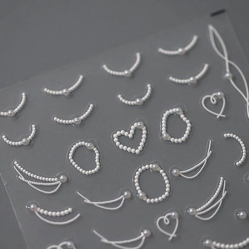 White Pearls Chain Nail Art Stickers Adhesive Embossed Pearl Line French Nail Sticker Decals TL013