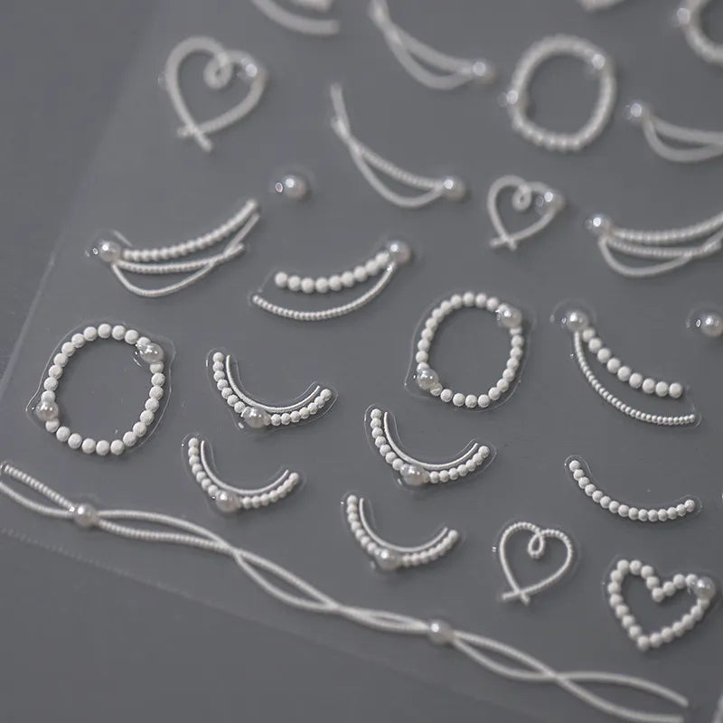 White Pearls Chain Nail Art Stickers Adhesive Embossed Pearl Line French Nail Sticker Decals TL013