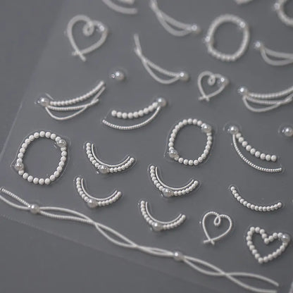 White Pearls Chain Nail Art Stickers Adhesive Embossed Pearl Line French Nail Sticker Decals TL013