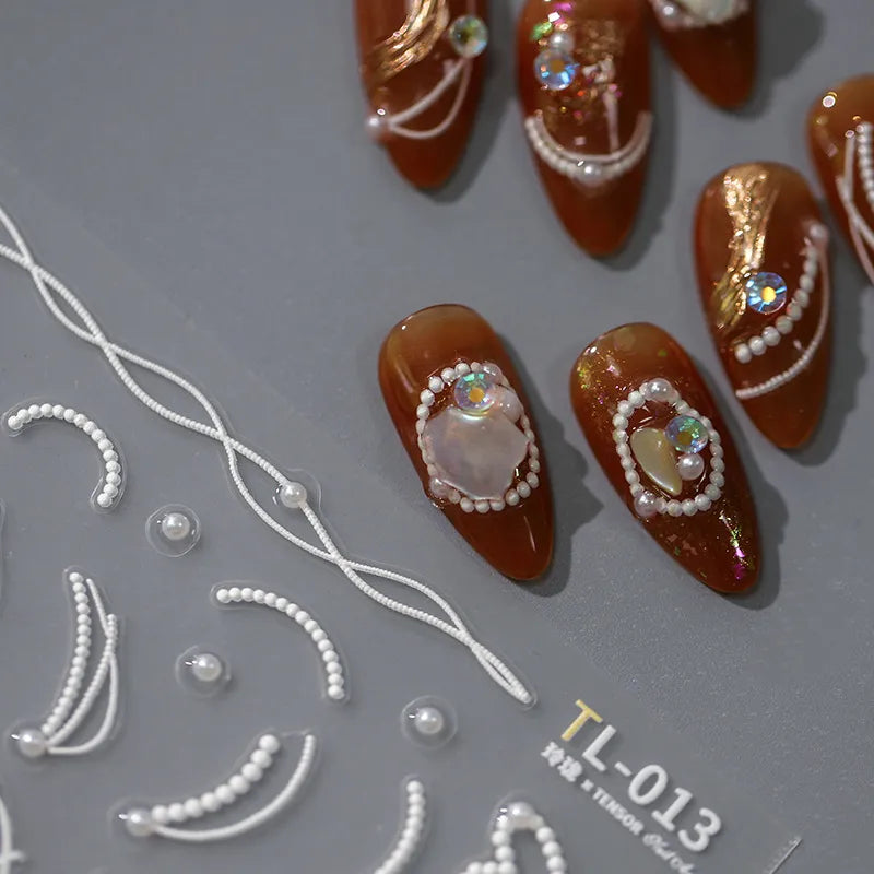 White Pearls Chain Nail Art Stickers Adhesive Embossed Pearl Line French Nail Sticker Decals TL013