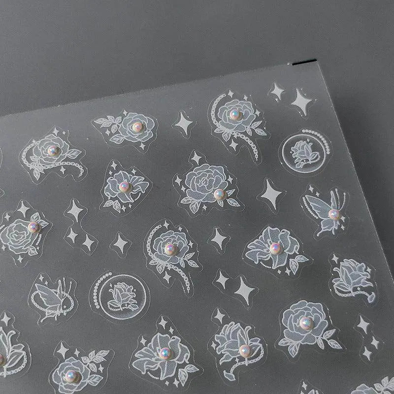 White Rose Flower Nail Art Stickers With Beads  Adhesive Embossed Lotus Sticker Decals TL033