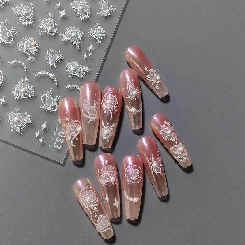 White Rose Flower Nail Art Stickers With Beads  Adhesive Embossed Lotus Sticker Decals TL033