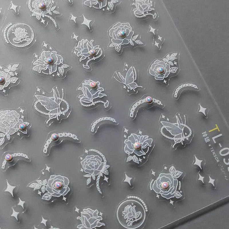 White Rose Flower Nail Art Stickers With Beads  Adhesive Embossed Lotus Sticker Decals TL033