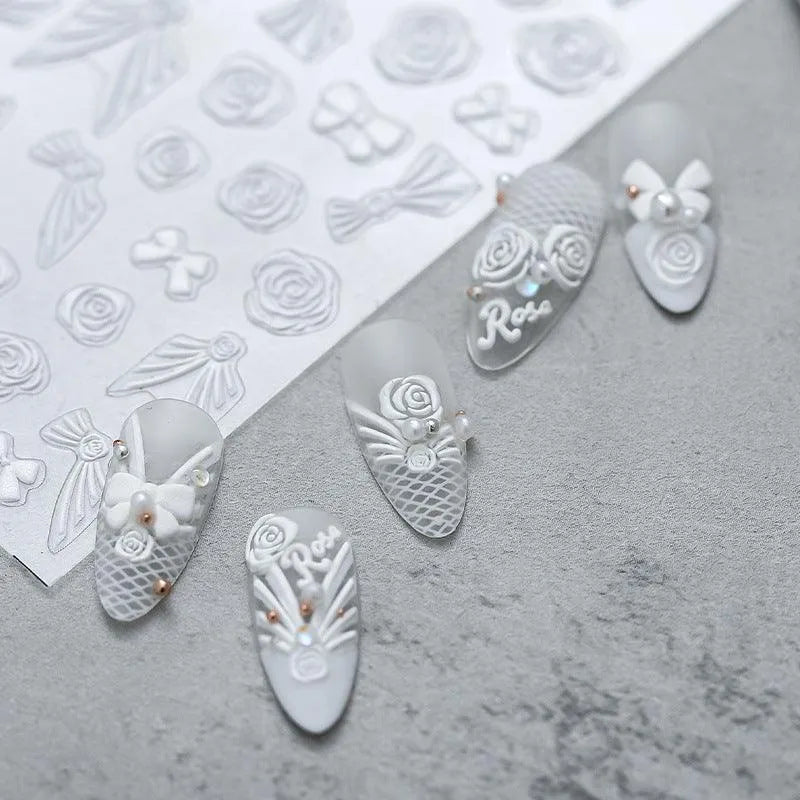 White Rose Nail Art Stickers Bridal Lace Adhesive Sticker Decals TS1135