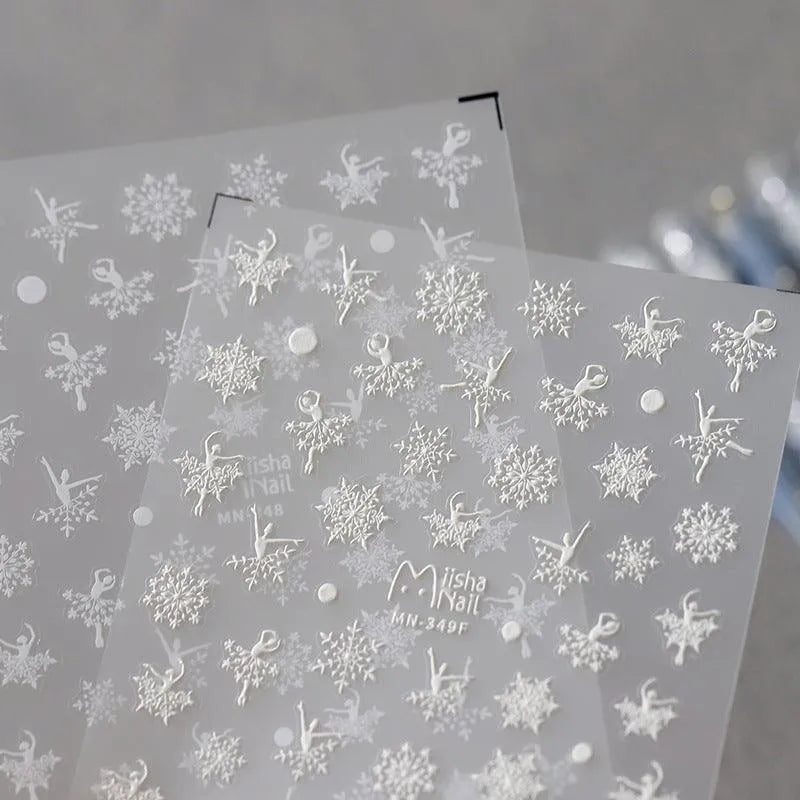 White Snowflake Nail Art Stickers Adhesive Embossed Winter Snow Sticker Decals MN348