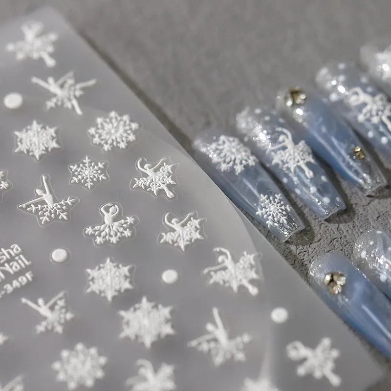 White Snowflake Nail Art Stickers Adhesive Embossed Winter Snow Sticker Decals MN348