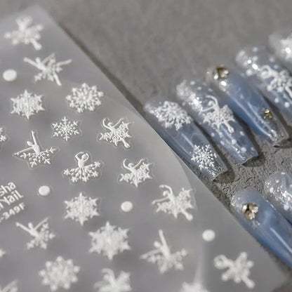  White Snowflake Nail Art Stickers Adhesive Embossed Winter Snow Sticker Decals MN348