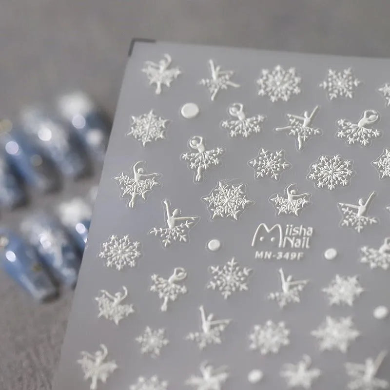  White Snowflake Nail Art Stickers Adhesive Embossed Winter Snow Sticker Decals MN348